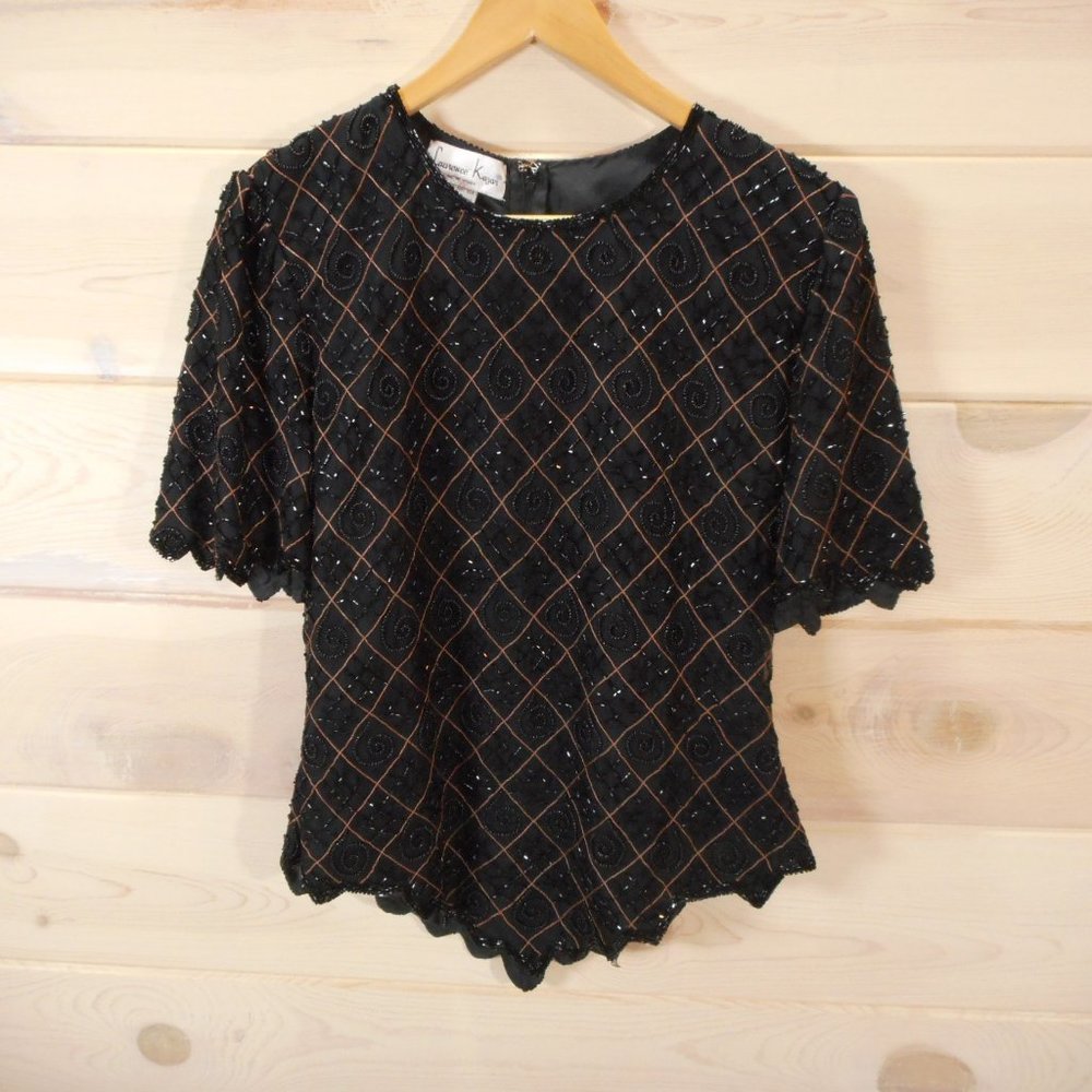 Laurence Kazar Size M Black Evening Blouse Silk Beaded Short Sleeve